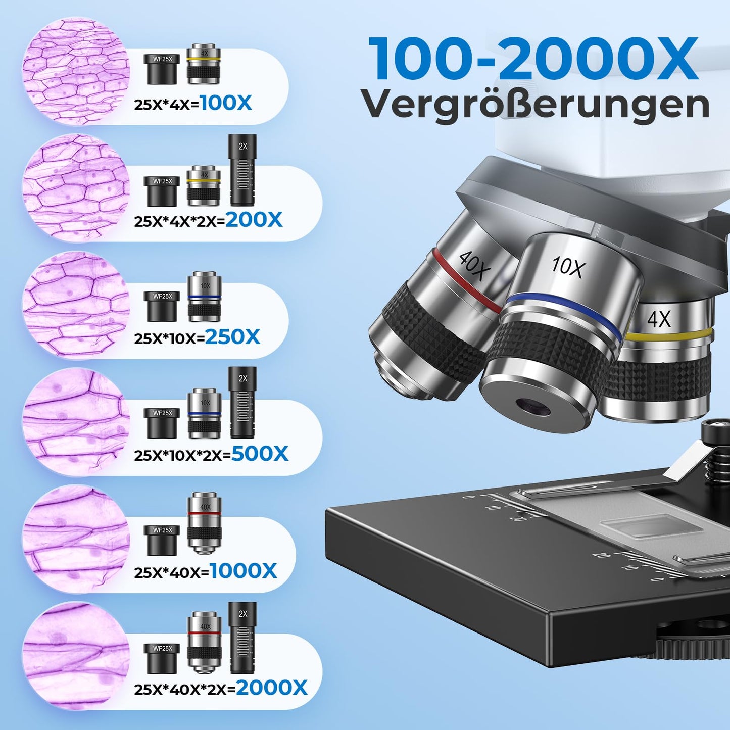 ESAKO Mikroskop 100X–2000X mit Handyhalter, 20 Objektträger, Schülermikroskop für Schule & Labor
