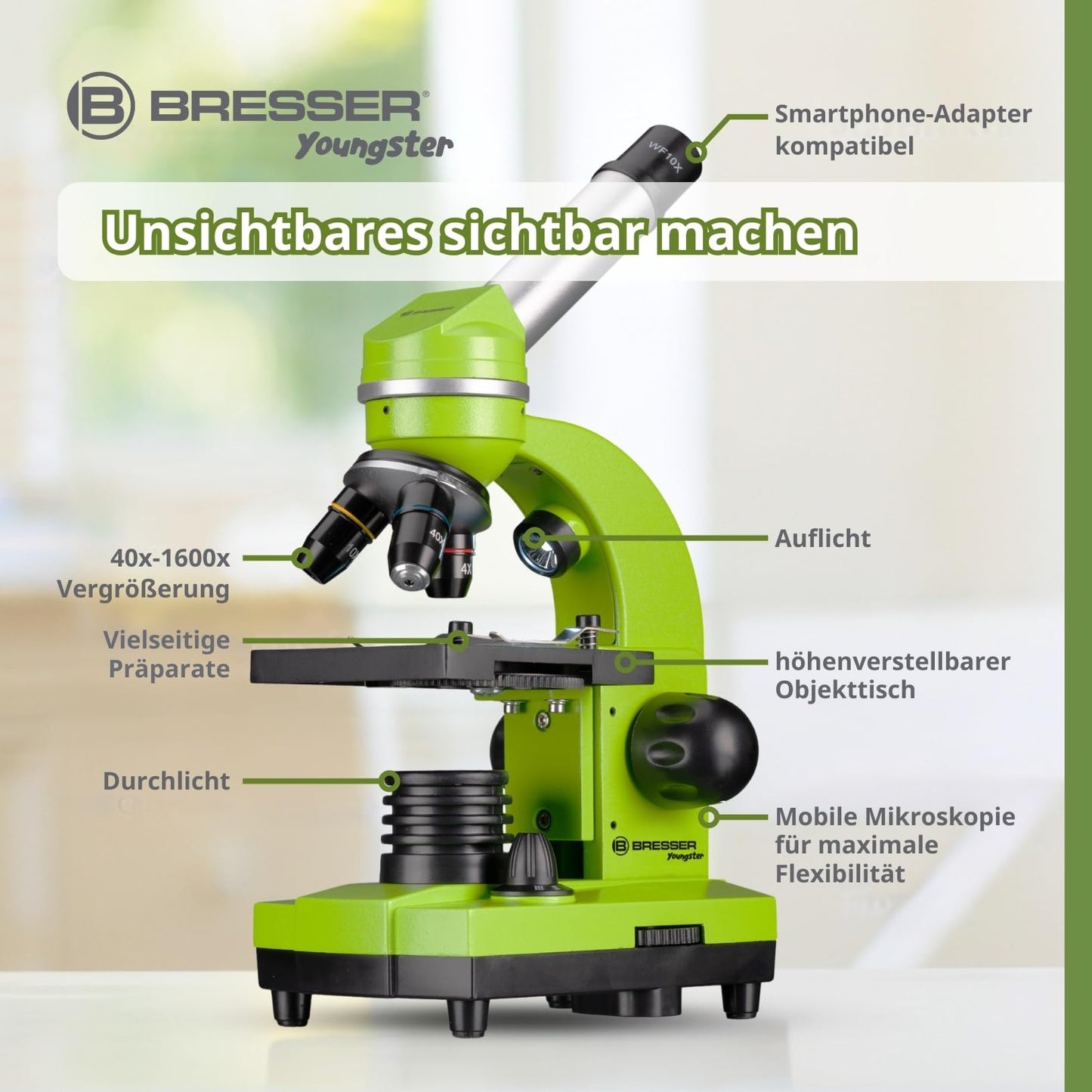 Bresser Junior BIOLUX SEL Mikroskop mit Smartphonehalter, Barlow-Zoom, LED, Zubehör Set für Kinder & Einsteiger