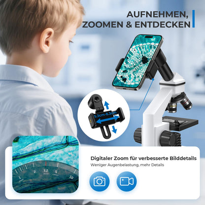 ESAKO Mikroskop 100X–2000X mit Handyhalter, 20 Objektträger, Schülermikroskop für Schule & Labor