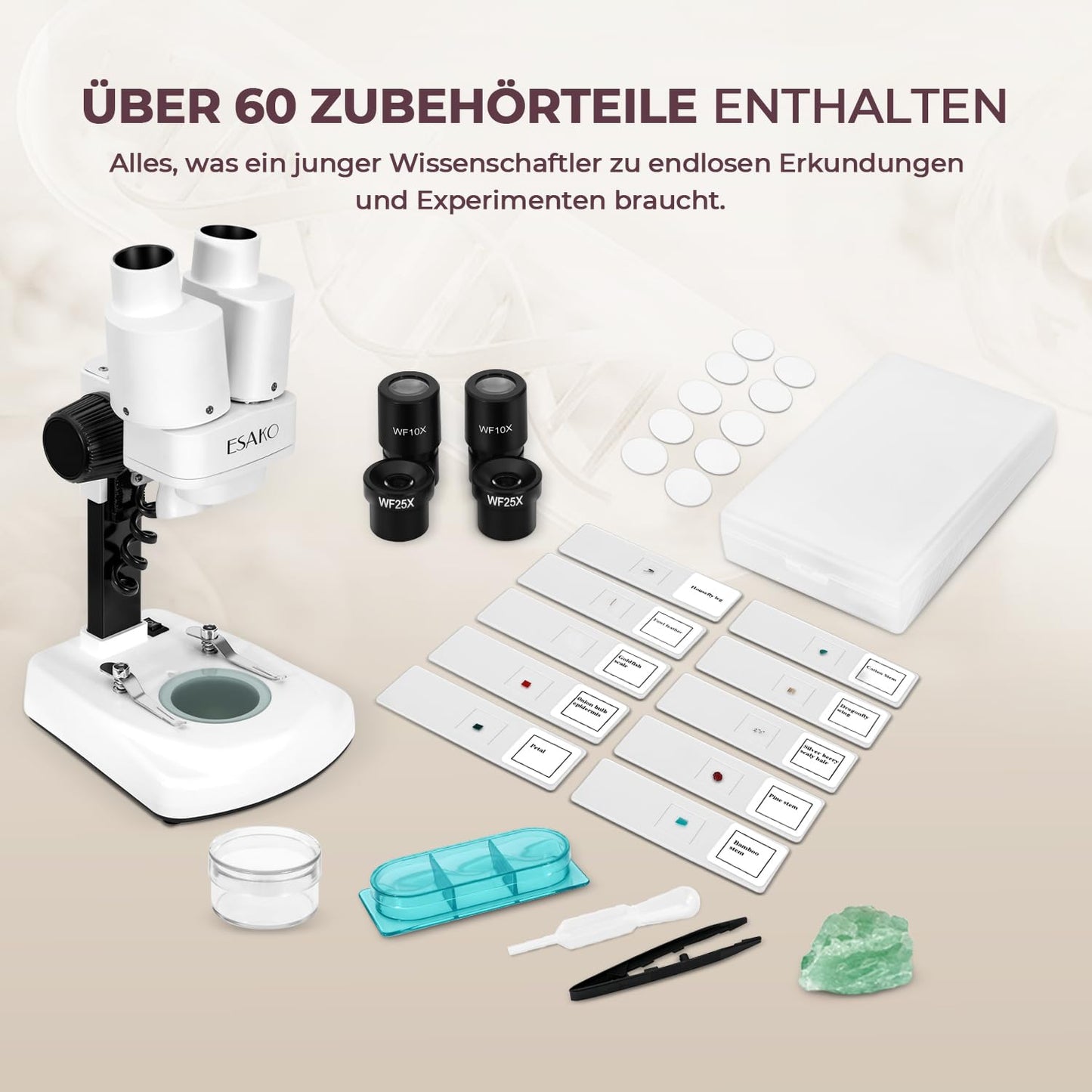 Dual LED Kindermikroskop Set mit Objektträgern, Mineral & Insekten Proben, Lernspielzeug für Kinder