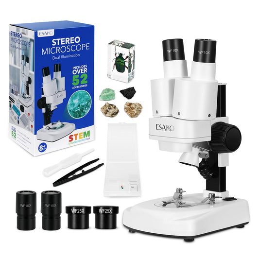 Dual LED Kindermikroskop Set mit Objektträgern, Mineral & Insekten Proben, Lernspielzeug für Kinder