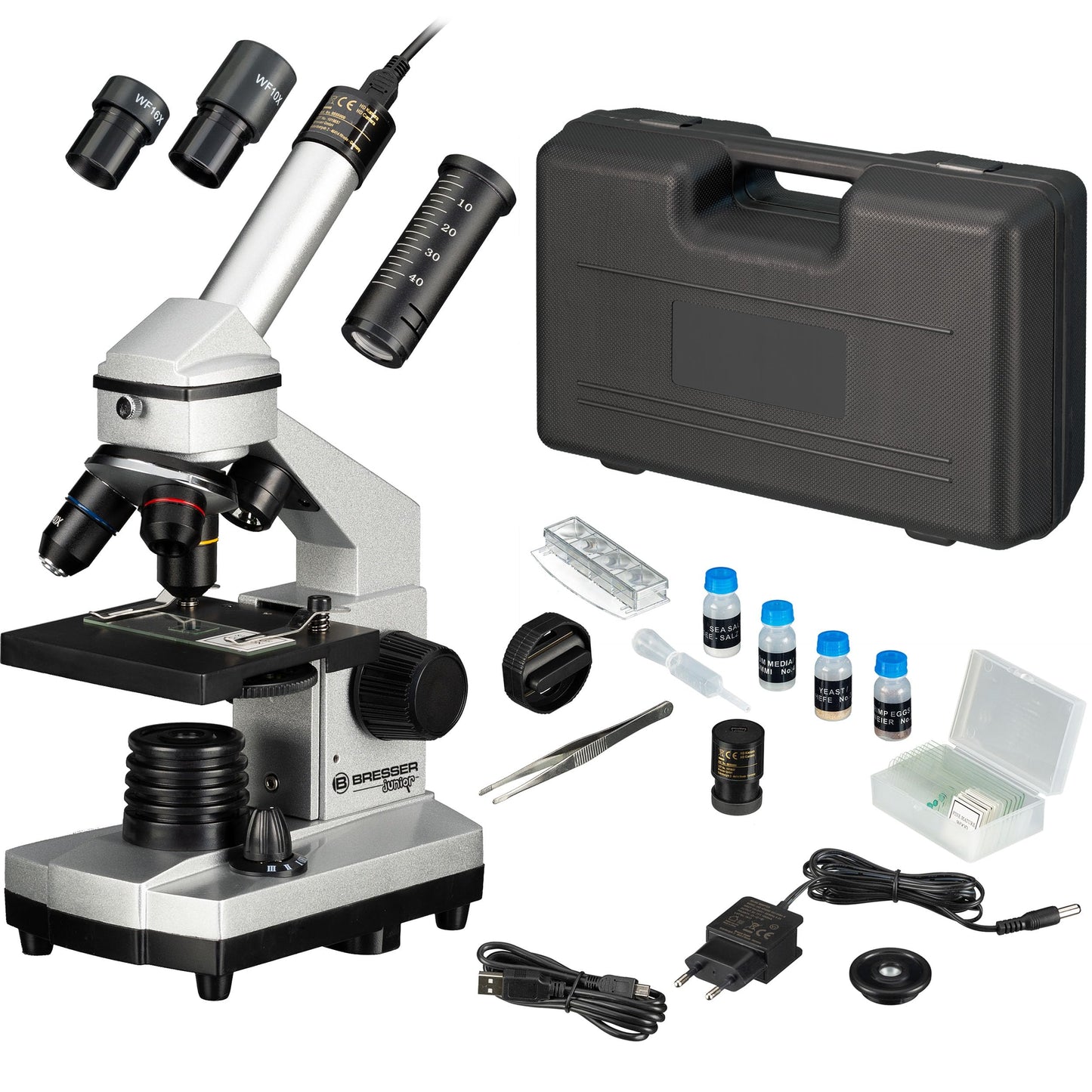 Bresser Junior Mikroskop Set 40x–1024x mit USB Kamera, LED Beleuchtung, Kinder Lernset mit Zubehör & Koffer