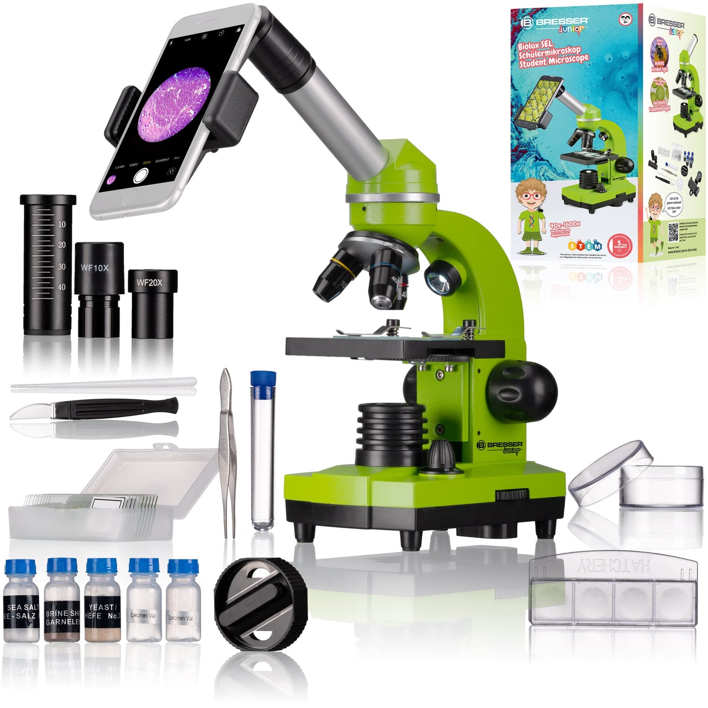 Bresser Junior BIOLUX SEL Mikroskop mit Smartphonehalter, Barlow-Zoom, LED, Zubehör Set für Kinder & Einsteiger